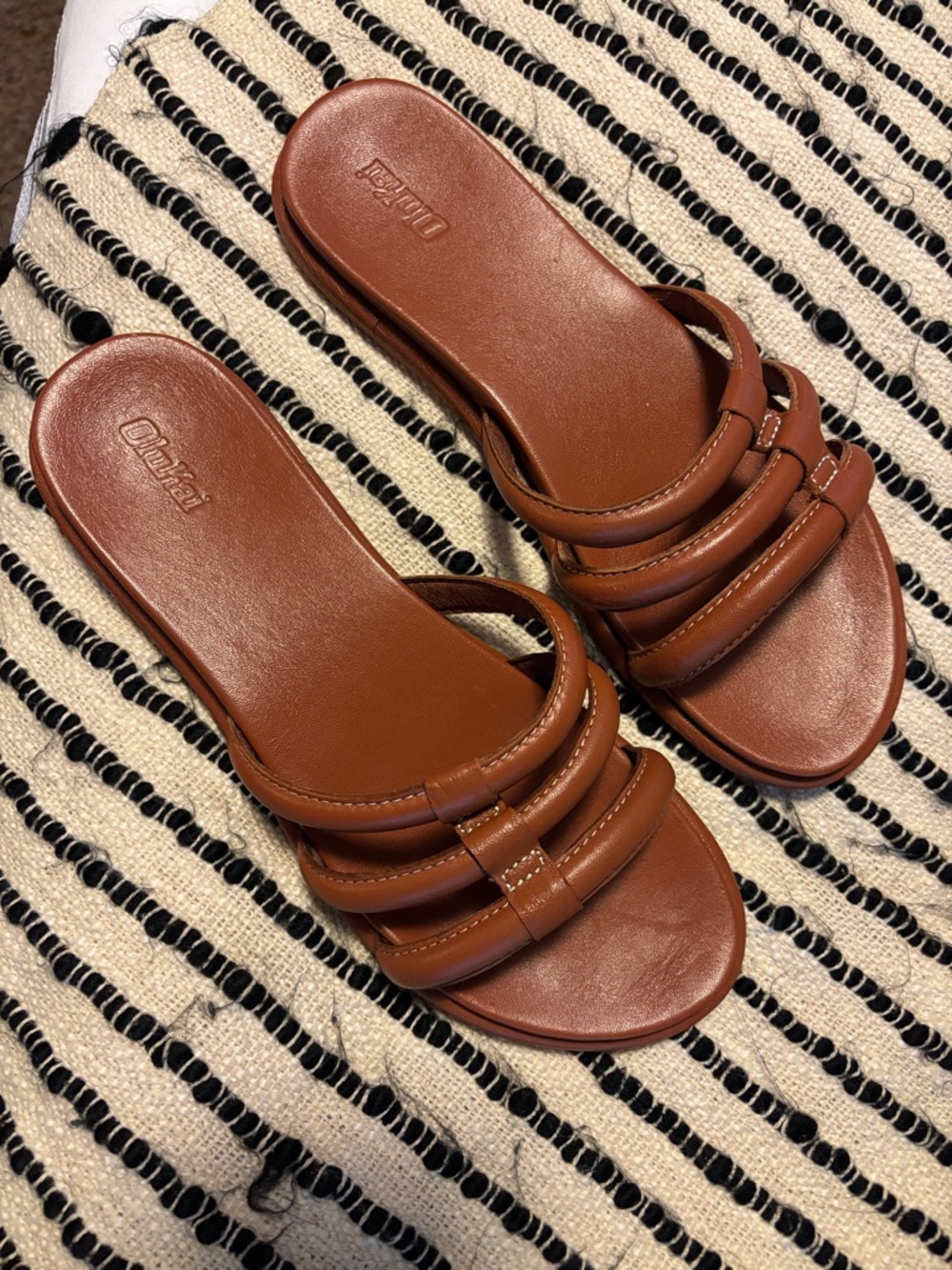 OluKai Tan Triple-Strap Slide Sandals